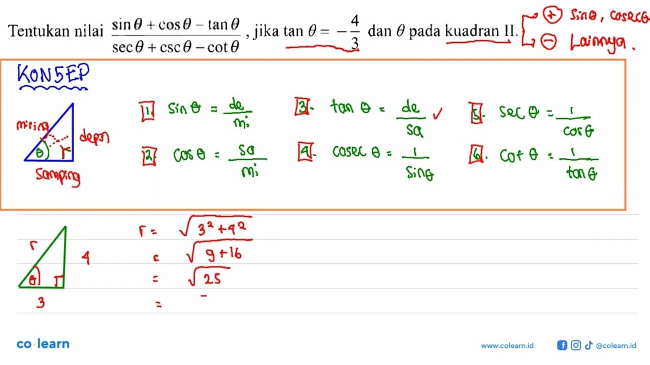 Tentukan nilai (sin theta+cos theta-tan theta)/(sec