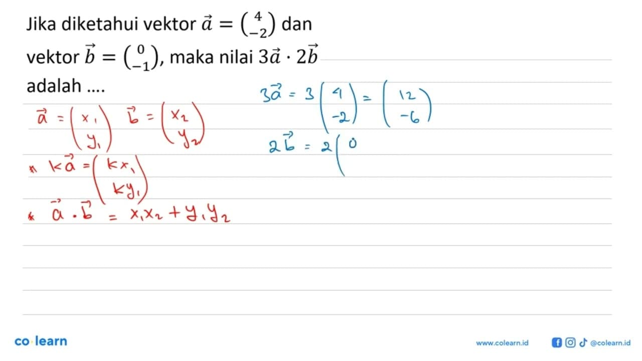 Jika diketahui vektor a=(4 -2) dan vektor b=(0 -1), maka