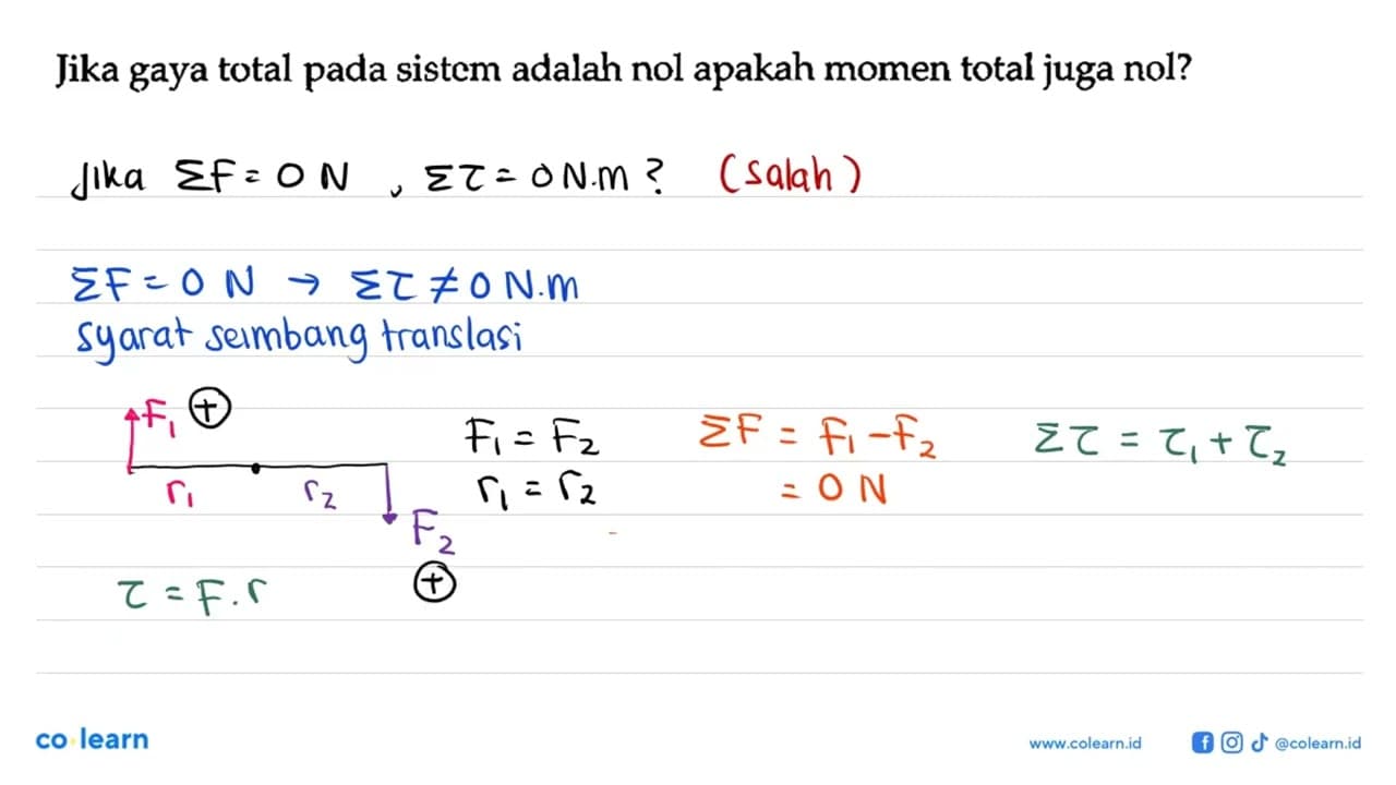 Jika gaya total pada sistem adalah nol apakah momen total