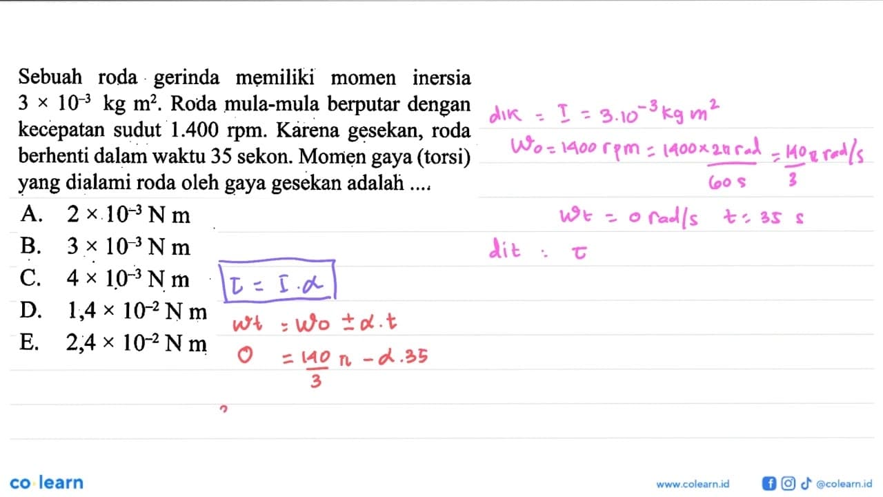 Sebuah roda gerinda memiliki momen inersia 3 x 10^(-3) kg