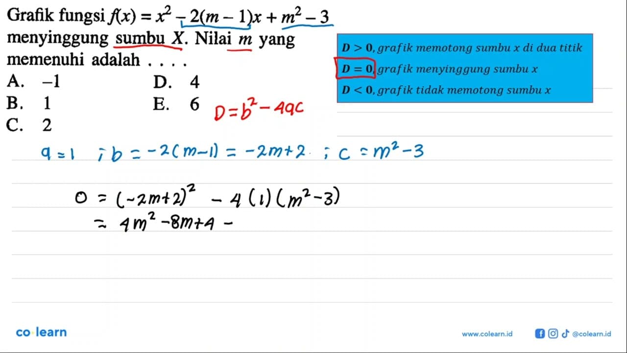 Grafik fungsi f(x)=x^2-2(m-1) x+m^2-3 menyinggung sumbu X .