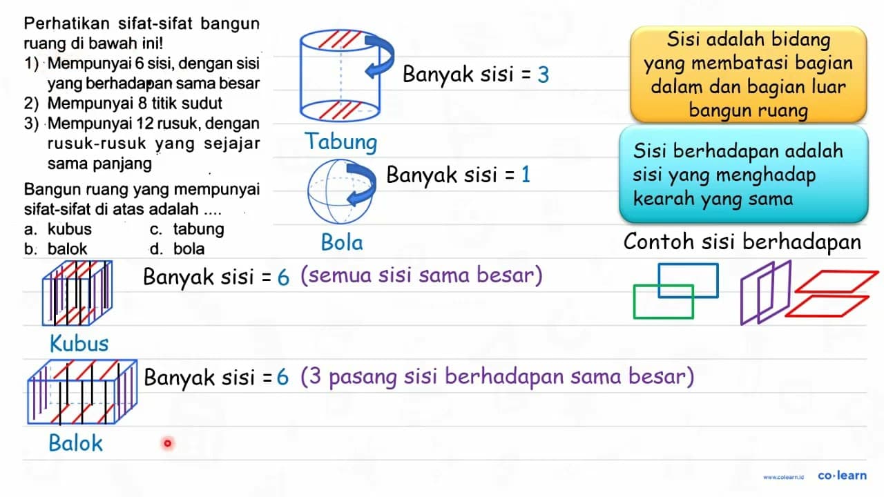 Perhatikan sifat-sifat bangun ruang di bawah ini! 1)