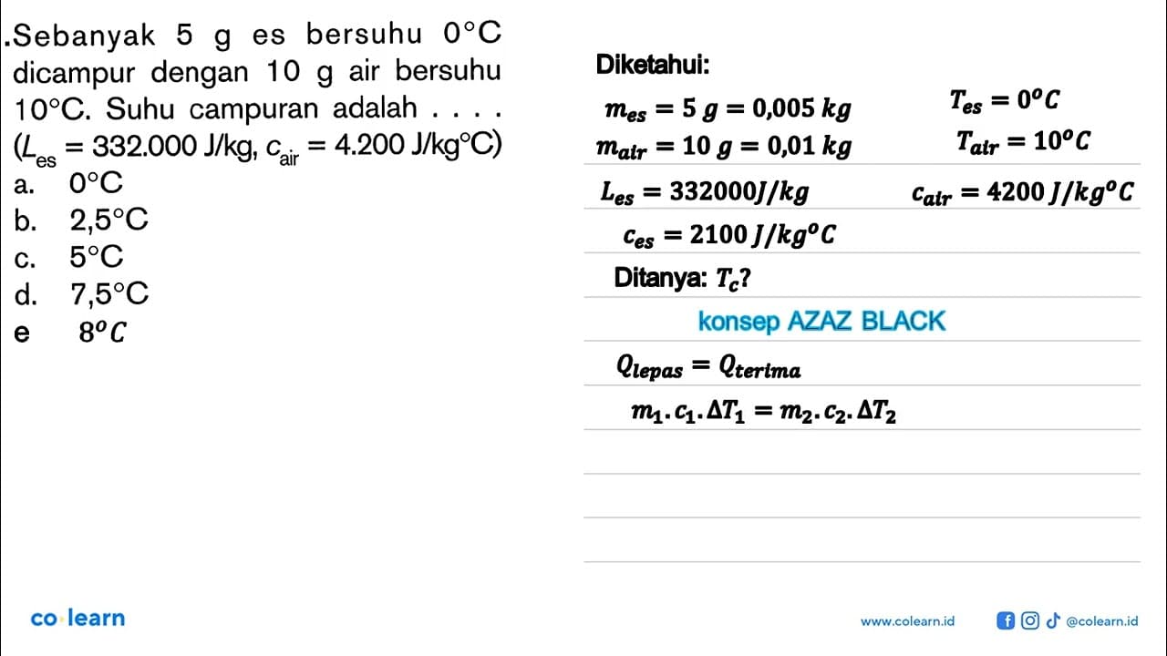 Sebanyak 5 g es bersuhu 0 C dicampur dengan 10 g air