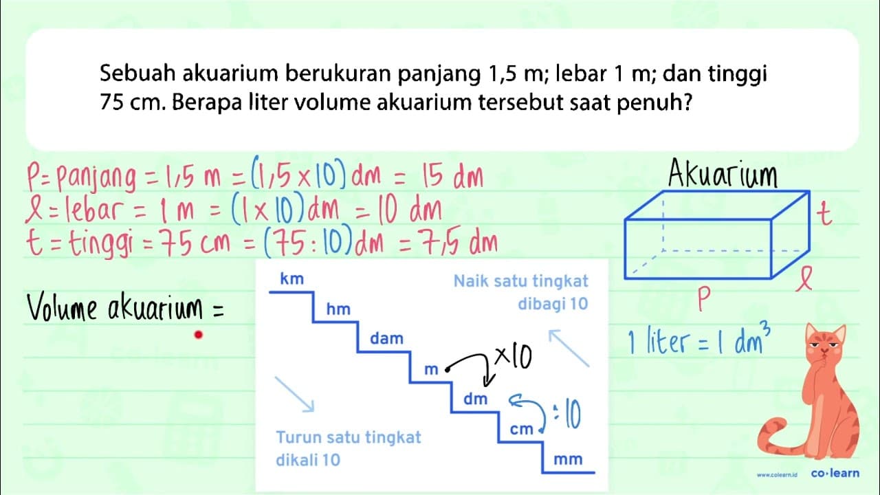 Sebuah akuarium berukuran panjang 1,5 m; lebar 1 m; dan