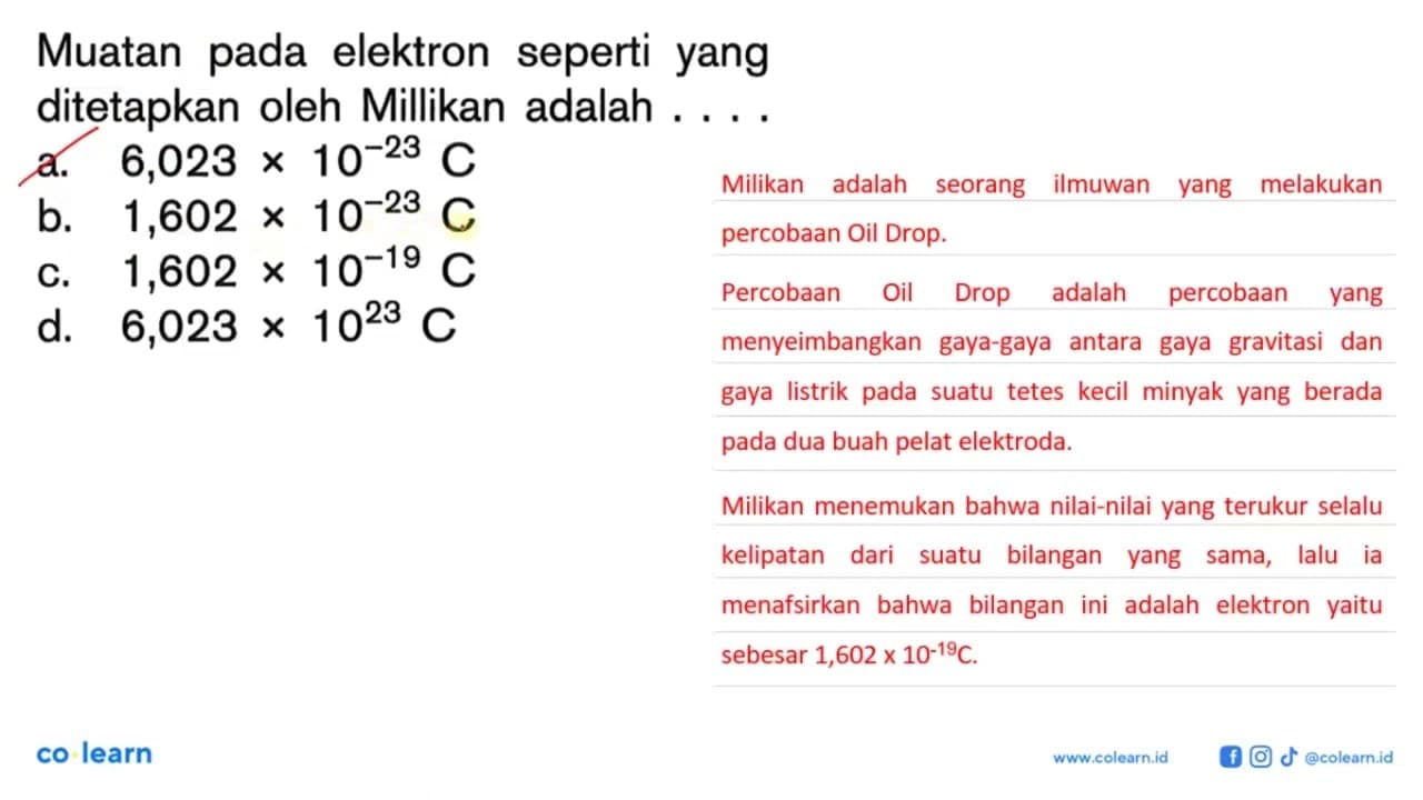 Muatan pada elektron seperti yang ditetapkan oleh Millikan