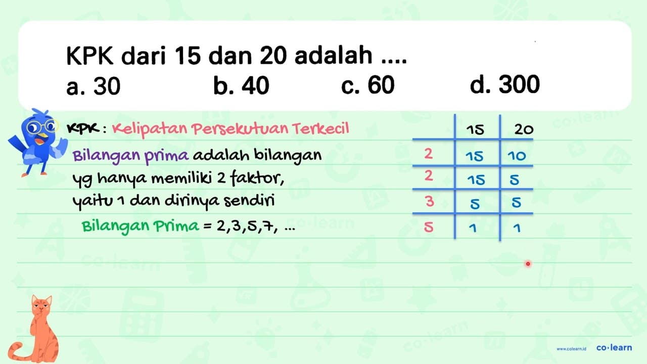 KPK dari 15 dan 20 adalah .... a. 30 b. 40 c. 60 d. 300