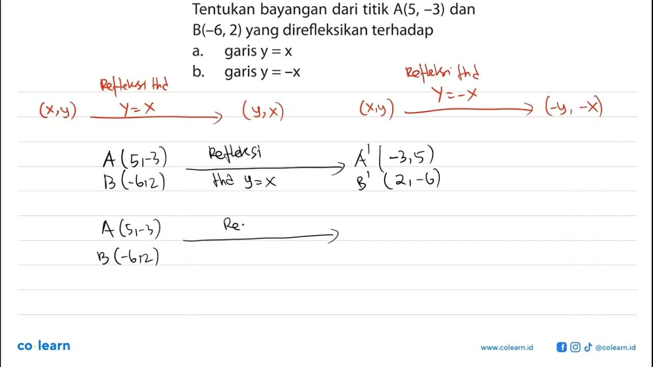 Tentukan bayangan dari titik A(5, -3) dan B(-6,2) yang