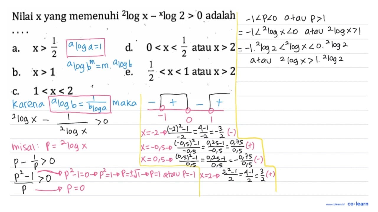 Nilai x yang memenuhi 2log x-xlog 2>0 adalah....