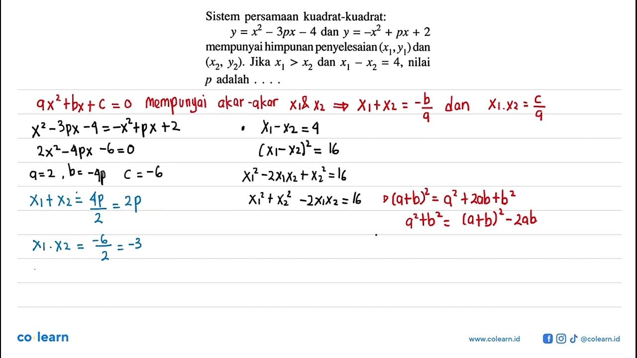 Sistem persamaan kuadrat-kuadrat: y=x^2-3px-4 dan