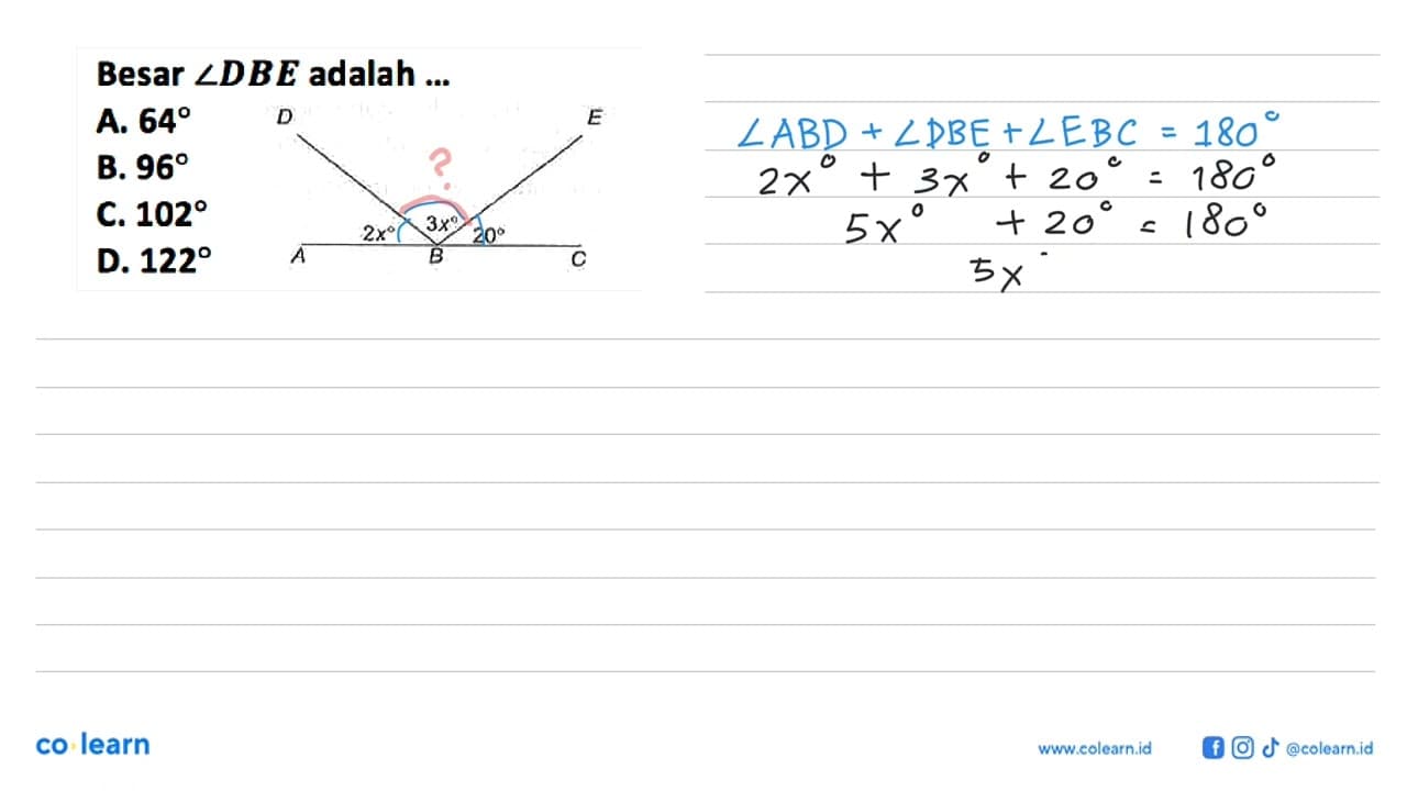 Besar sudut DBE adalah ... D E 2x 3x 20 A B C