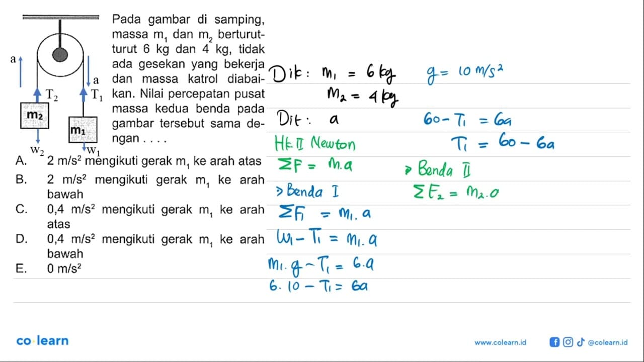 Pada gambar di samping, massa m1 dan m2 berturutturut 6 kg