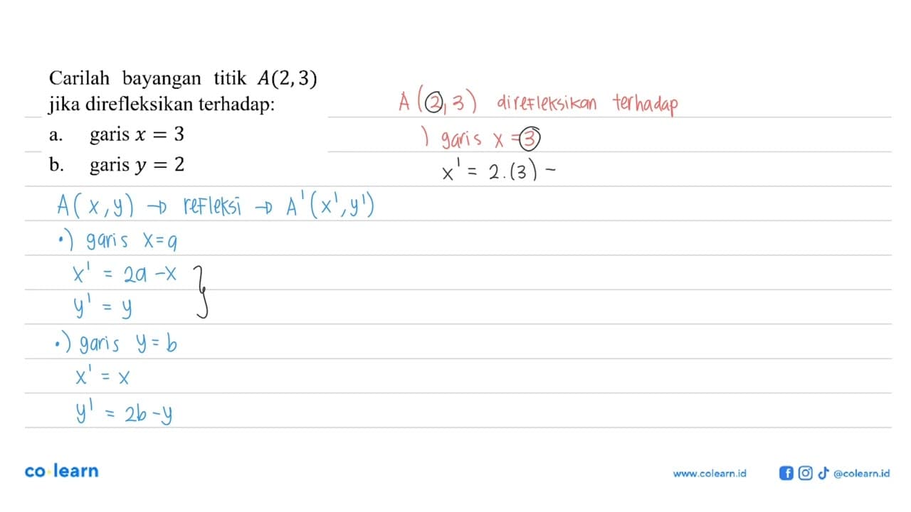 Carilah bayangan titik A(2,3) jika direfleksikan