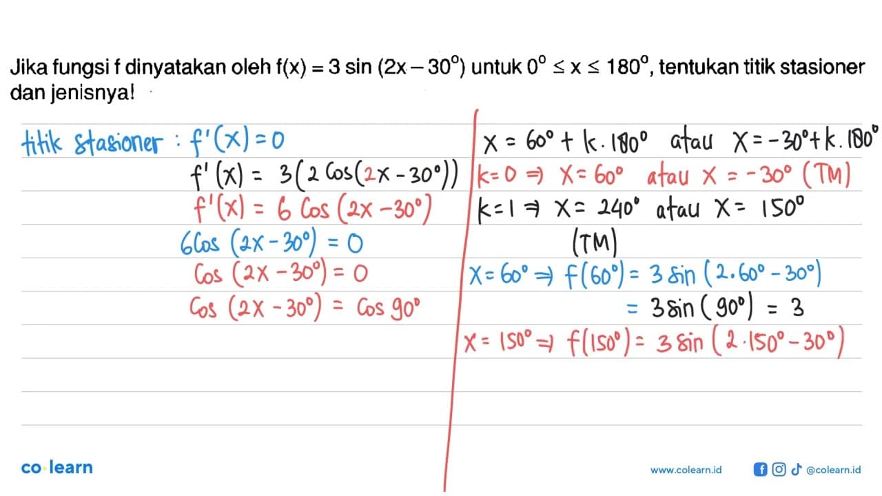 Jika fungsi f dinyatakan oleh f(x)=3sin(2x-30) untuk