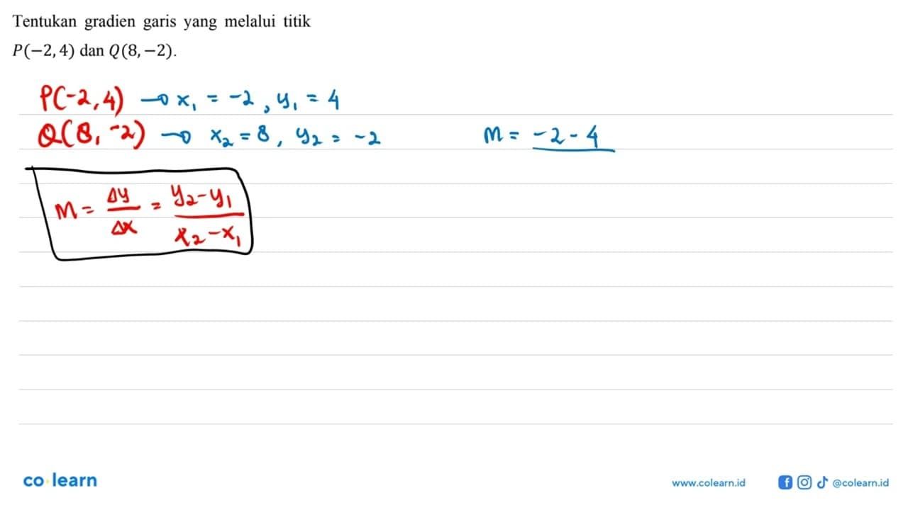 Tentukan gradien garis yang melalui titik P(-2, 4) dan Q(8,