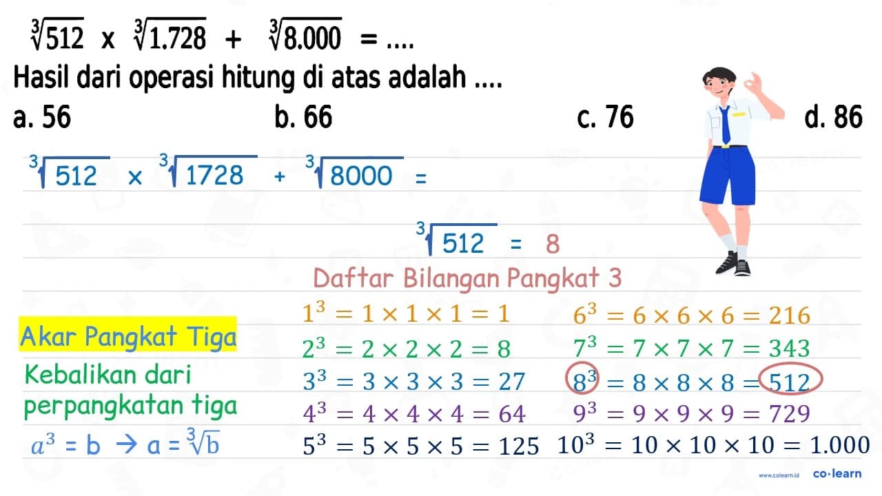 sqrt[3]{512) x sqrt[3]{1.728)+sqrt[3]{8.000)=... Hasil dari