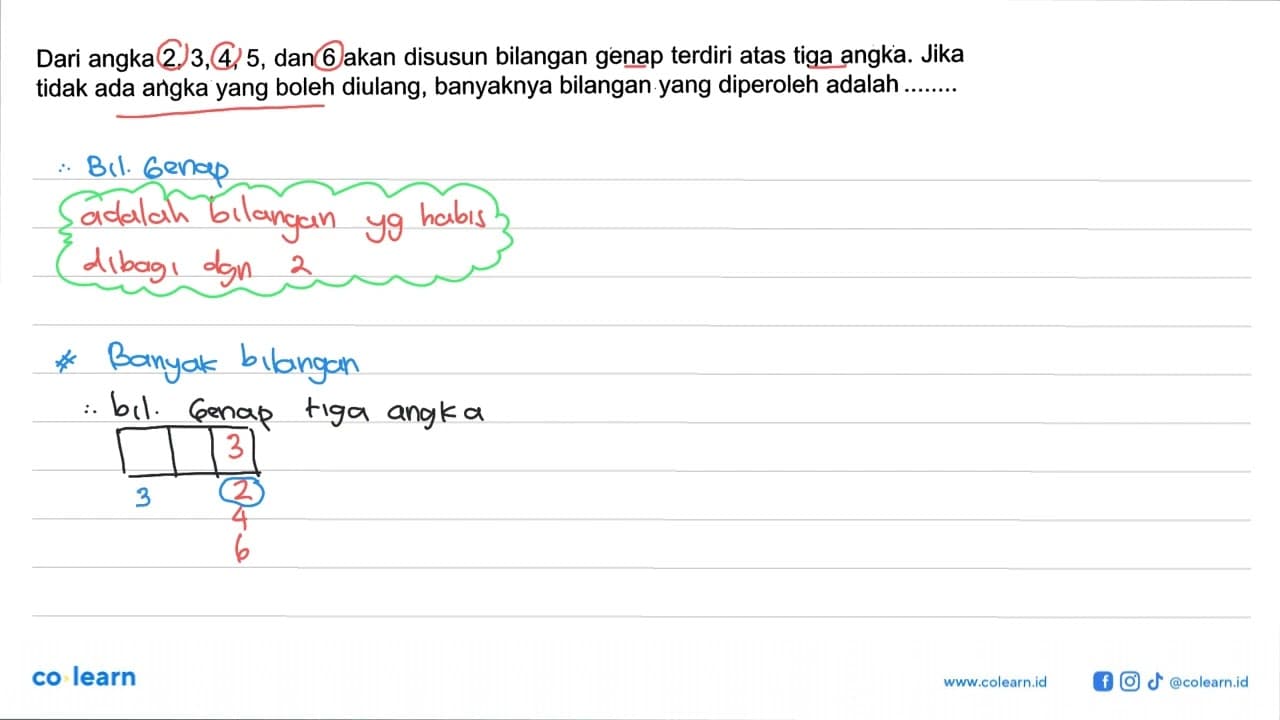 Dari angka 2,3,4,5 , dan 6 akan disusun bilangan genap