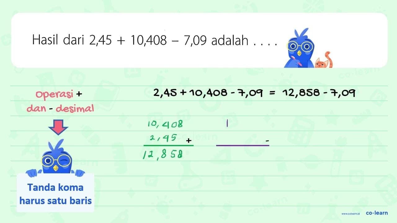 Hasil dari 2,45 + 10,408 - 7,09 adalah ...