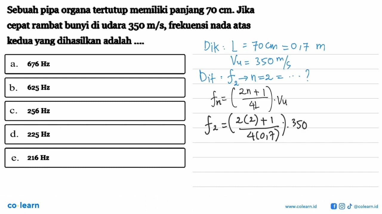 Sebuah pipa organatertutup memiliki panjang 70 cm . Jika