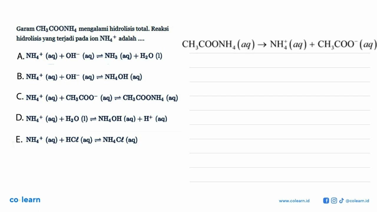 Garam CH3COONH4 mengalami hidrolisis total. Reaksi