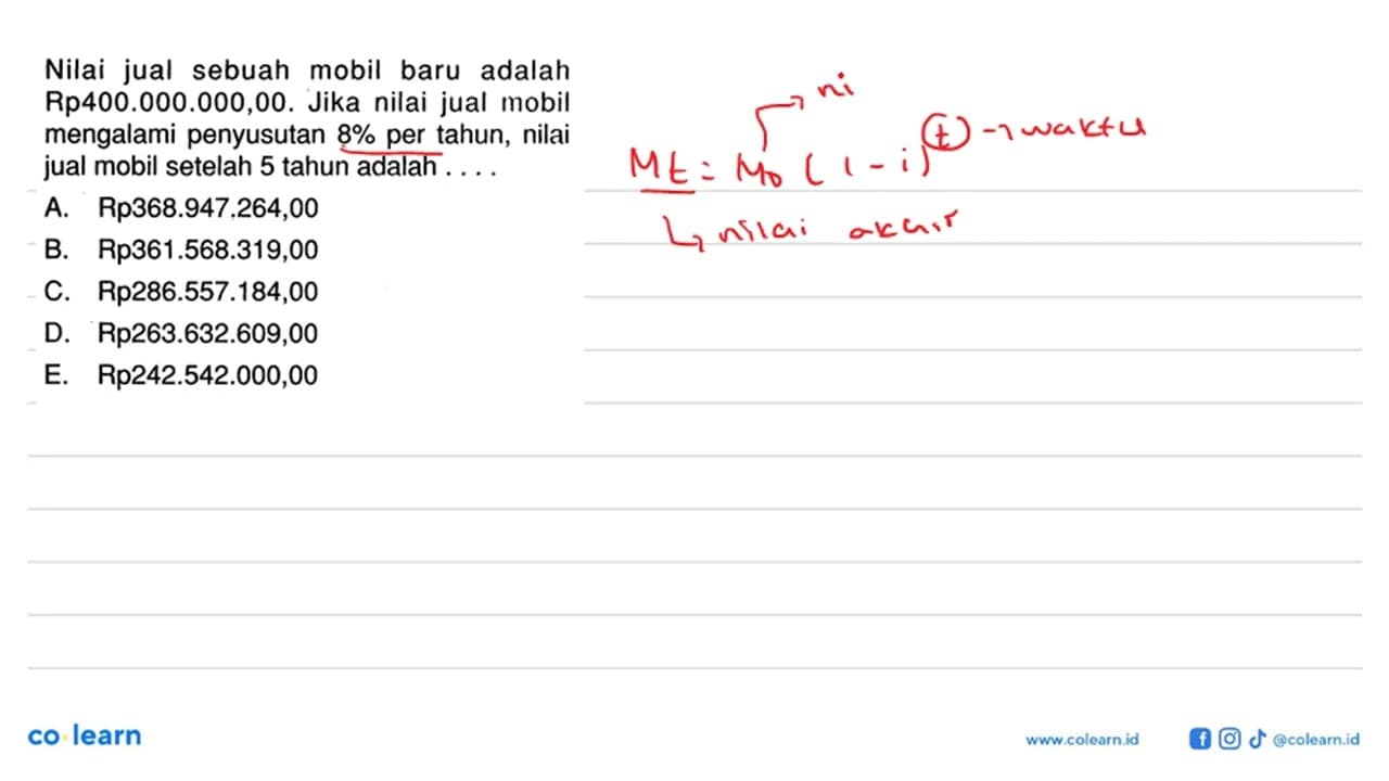 Nilai jual sebuah mobil baru adalah Rp400.000.000,00. Jika