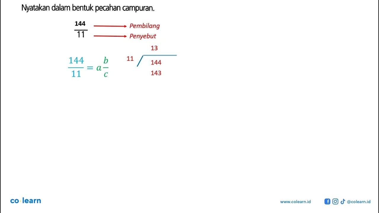 Nyatakan dalam bentuk pecahan campuran. 143/11