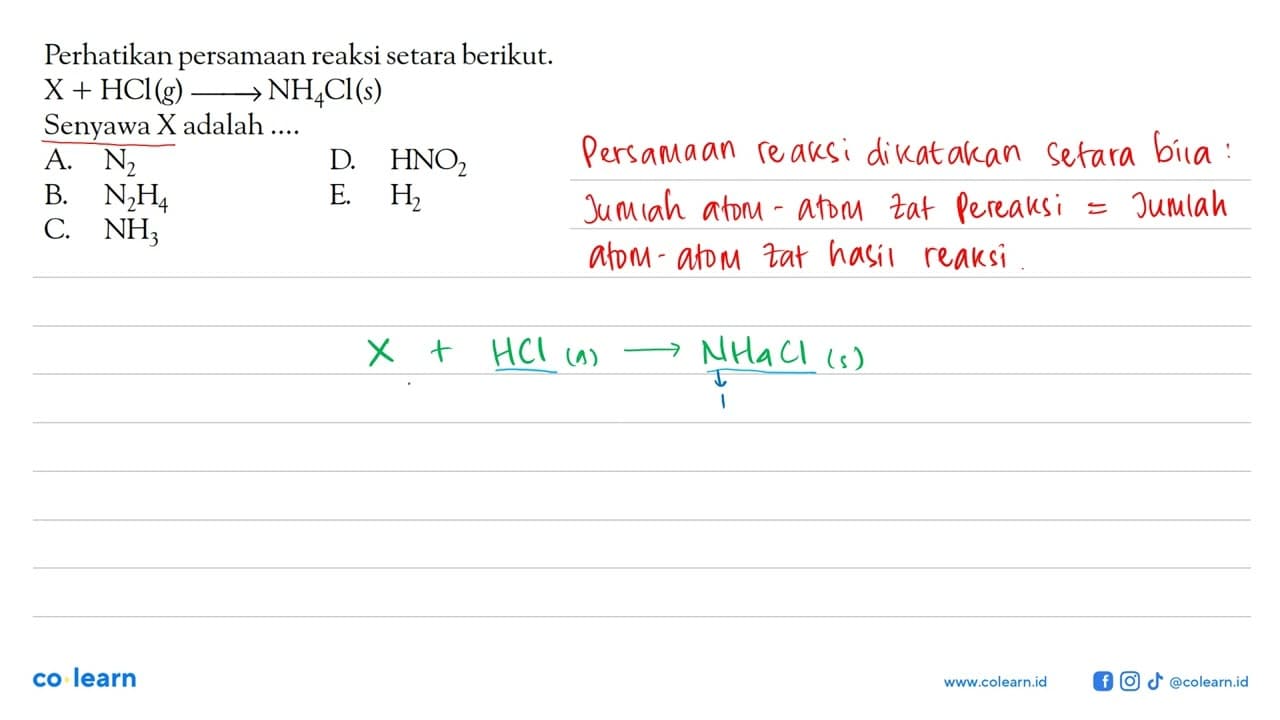 Perhatikan persamaan reaksi setara berikut. X+HCl (g)