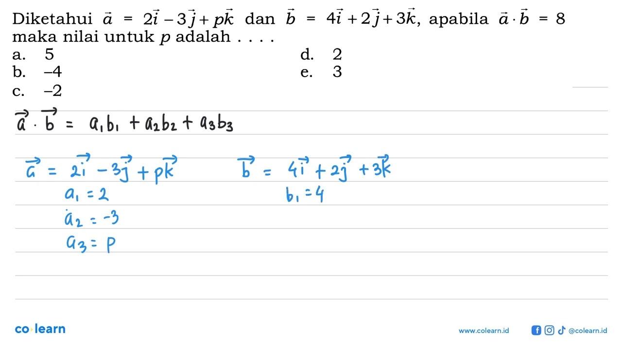 Diketahui vektor a = 2i-3j+pk dan vektor b = 4i+2j+3k,