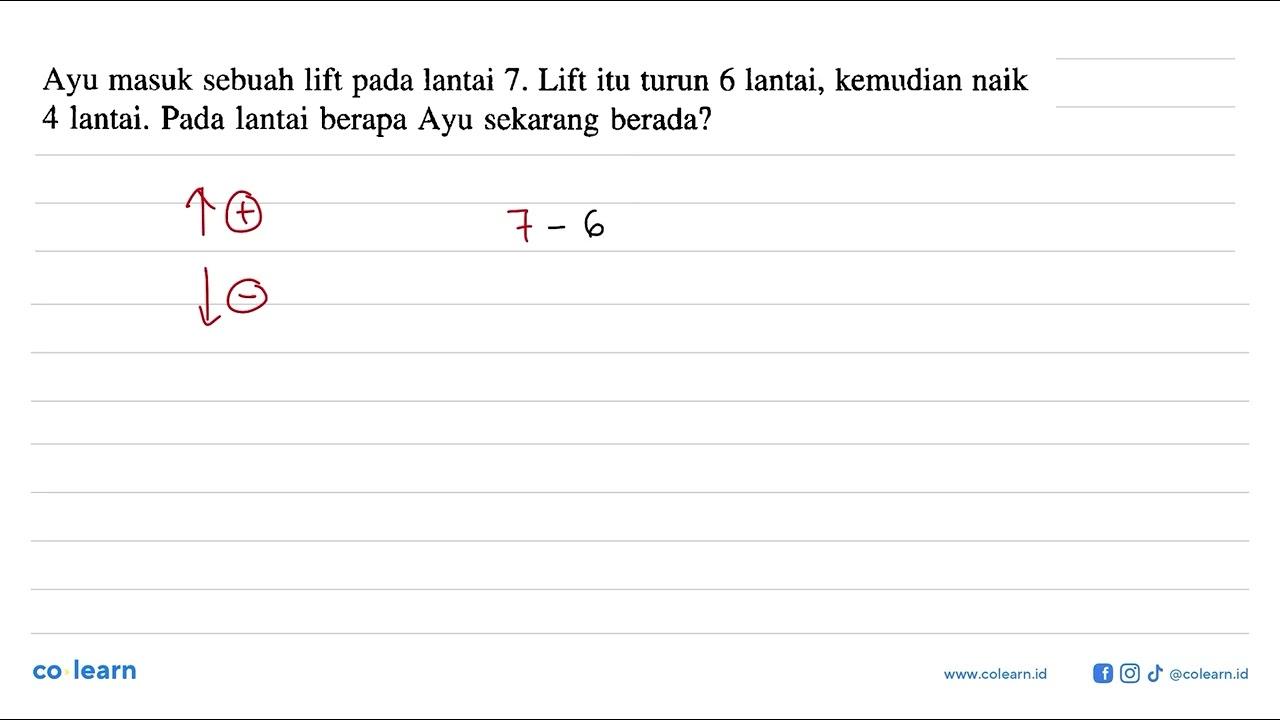 Ayu masuk sebuah lift pada lantai 7. Lift itu turun 6