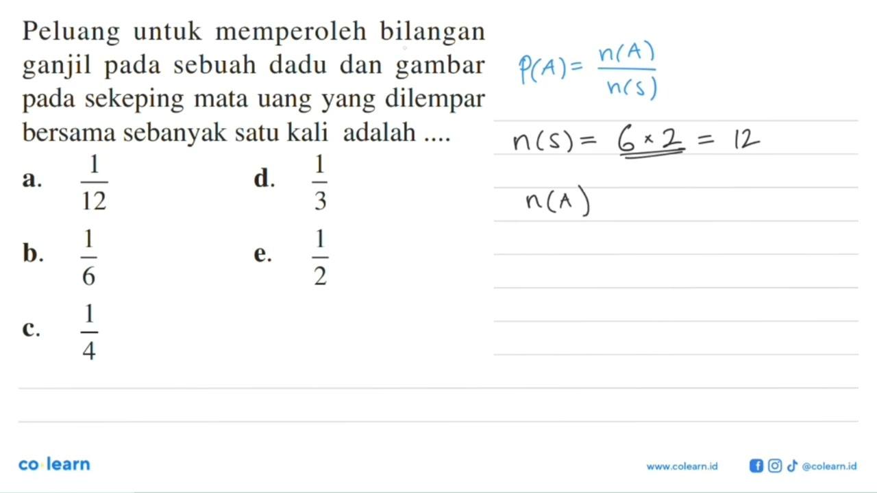 Peluang untuk memperoleh bilangan ganjil pada sebuah dadu