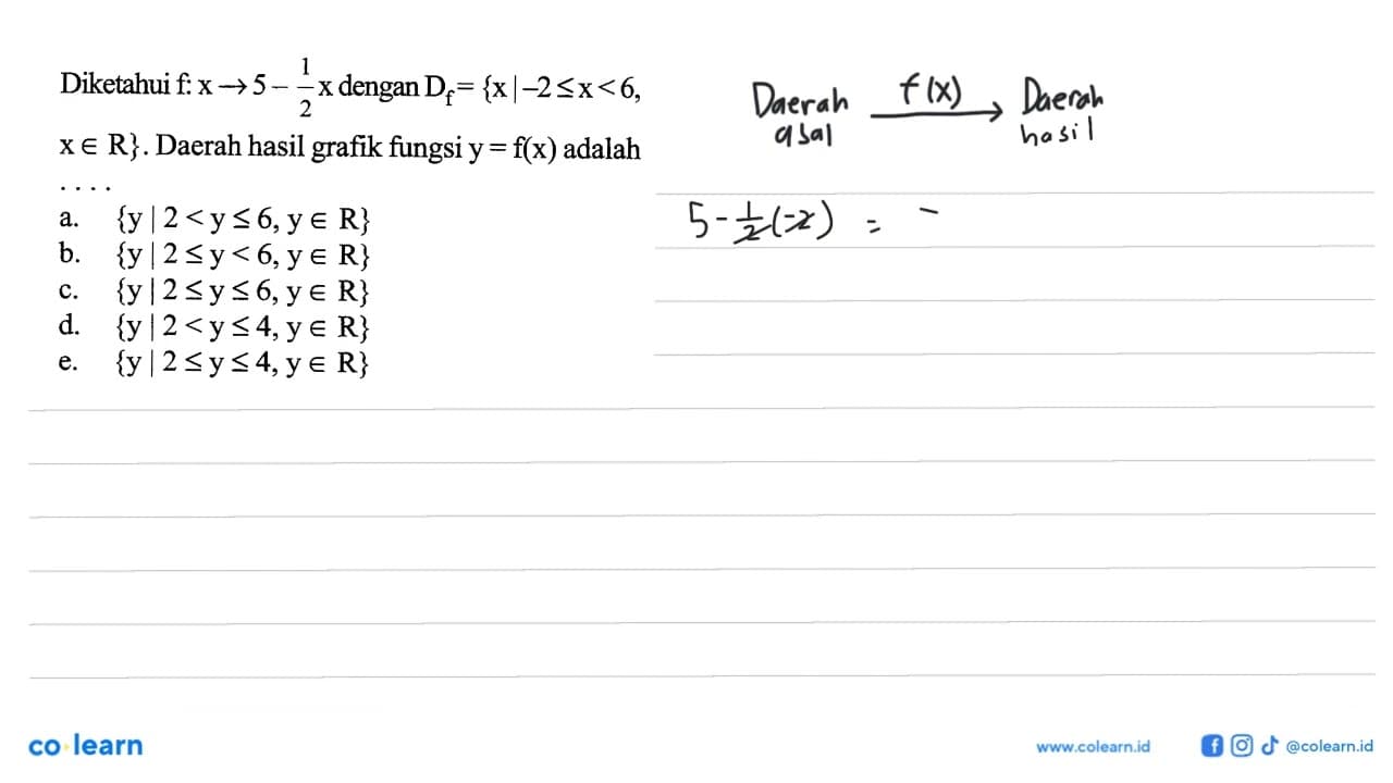 Diketahui f: x-> 5-((1/2)x) dengan Df={x|-2<=x<6, x e R}.