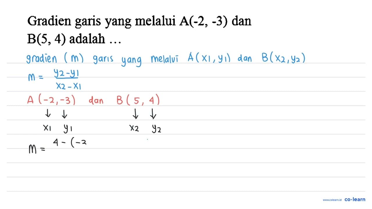 Gradien garis yang melalui A(-2,-3) dan B(5,4) adalah ...