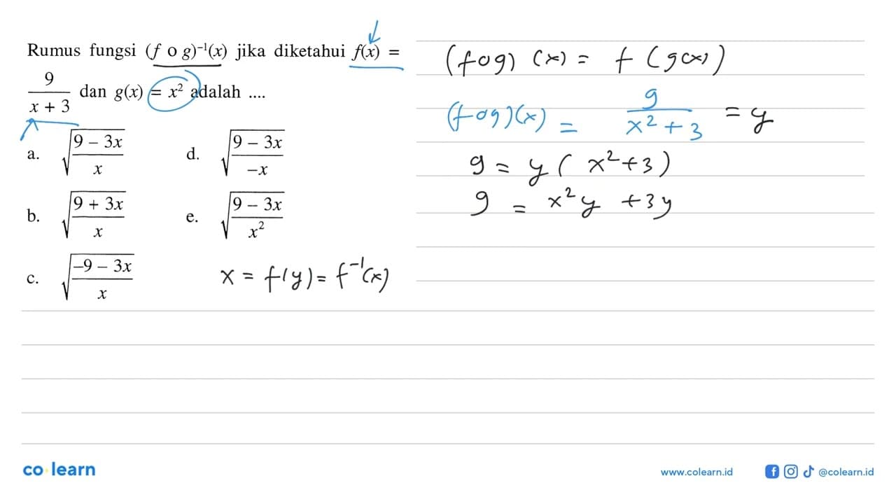 Rumus fungsi (f o g)^-1(x) jika diketahui f(x)= 9/(x+3) dan