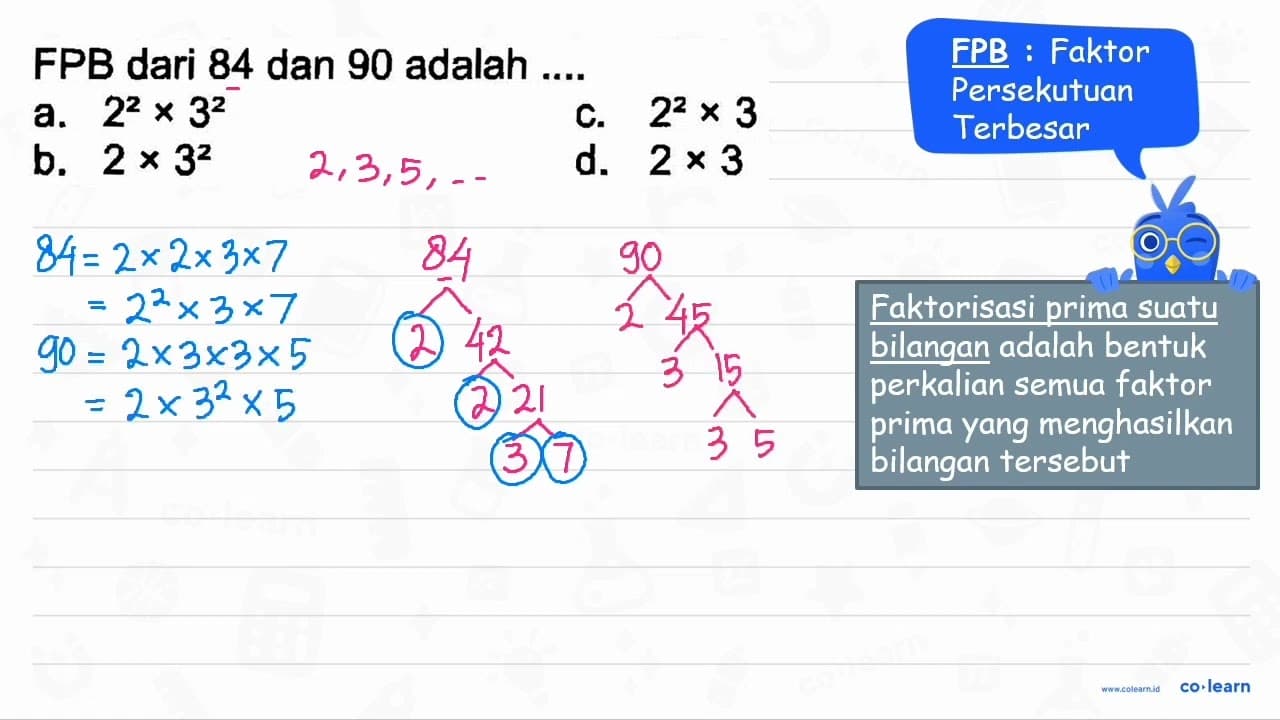 FPB dari 84 dan 90 adalah .... a. 2^(2) x 3^(2) C. 2^(2) x