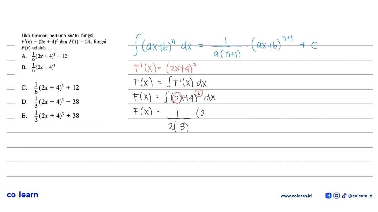 Jika turunan pertama suatu fungsi F'(x)=(2 x+4)^2 dan