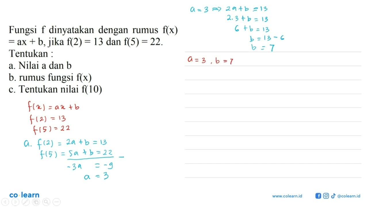 Fungsi dinyatakan dengan rumus f(x) = ax + b, jika f(2) =