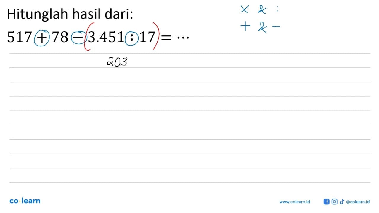 Hitunglah hasil dari: 517 + 78 - 3.451 : 17 = . . .