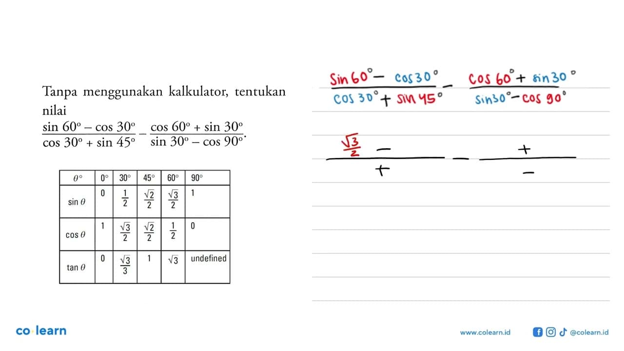Tanpa menggunakan kalkulator, tentukan nilai(sin 60-cos