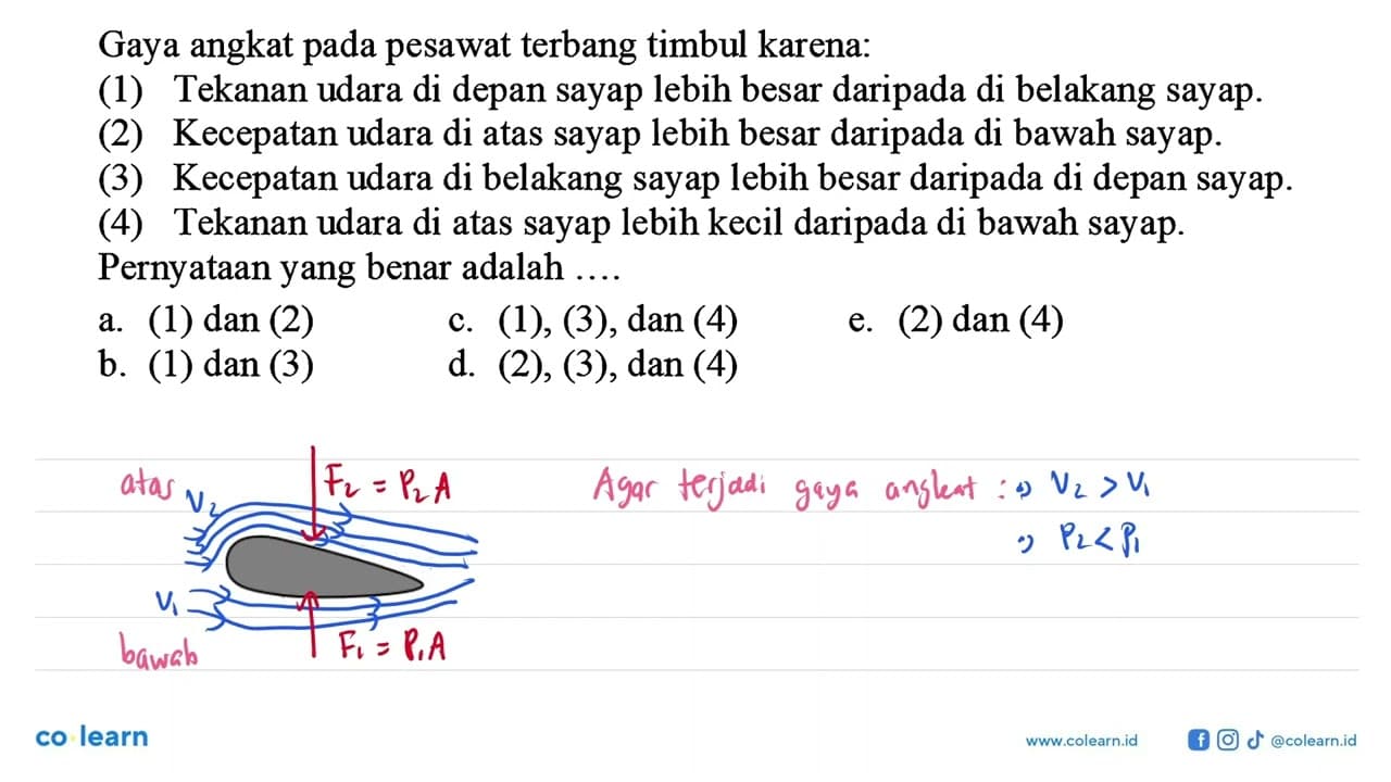 Gaya angkat pada pesawat terbang timbul karena:(1) Tekanan