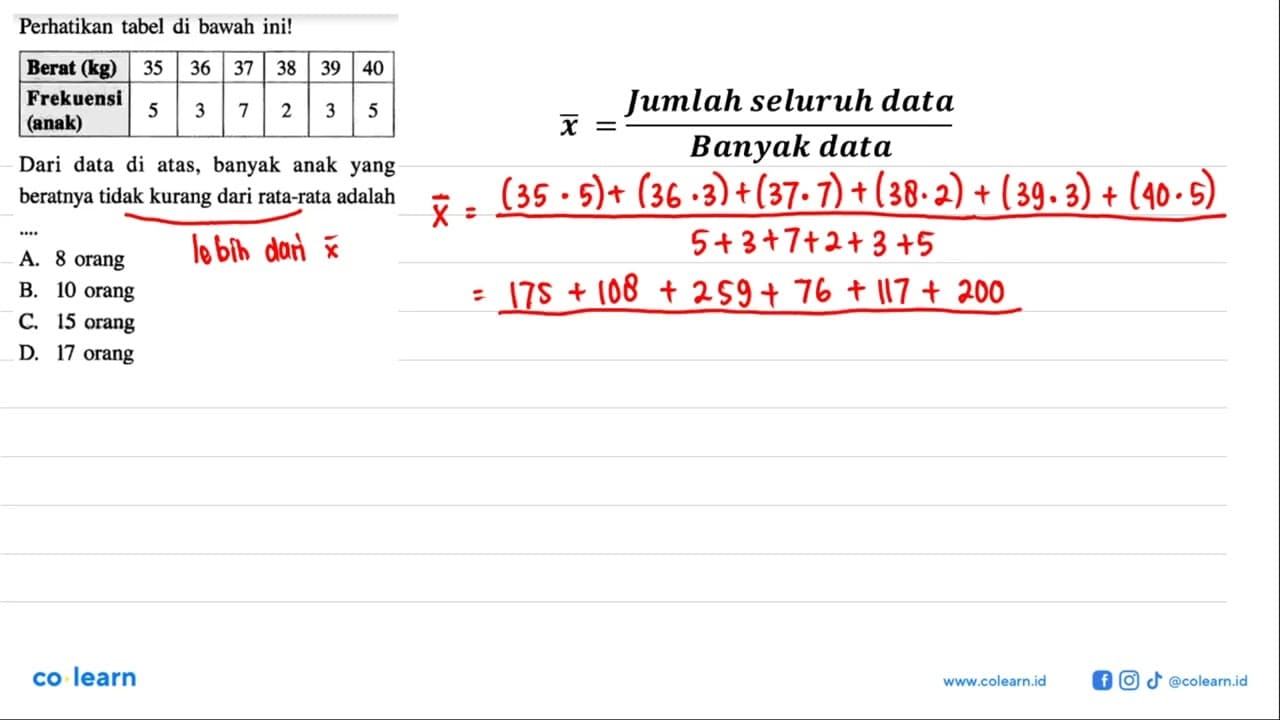 Perhatikan tabel di bawah ini! Berat (kg) 35 36 37 38 39 40