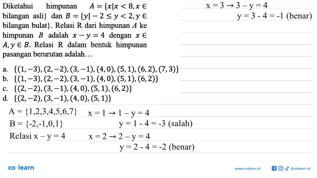 Diketahui himpunan A={x | x<8, x in bilangan asli } dan