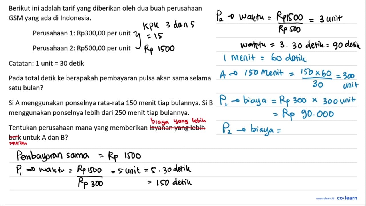 Berikut ini adalah tarif yang diberikan oleh dua buah