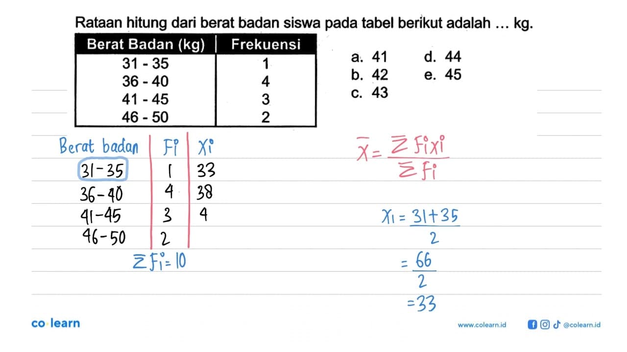 Rataan hitung dari berat badan siswa pada tabel berikut