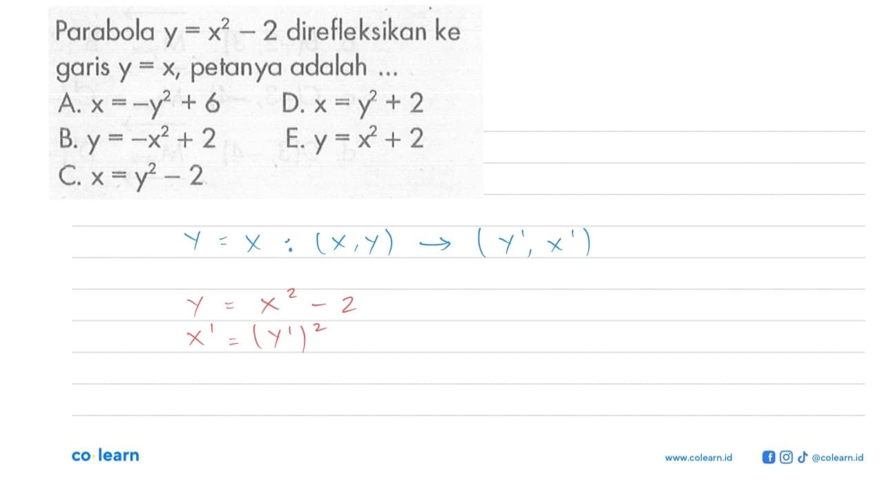 Parabola y=x^2-2 direfleksikan ke garis y=x, petanya adalah