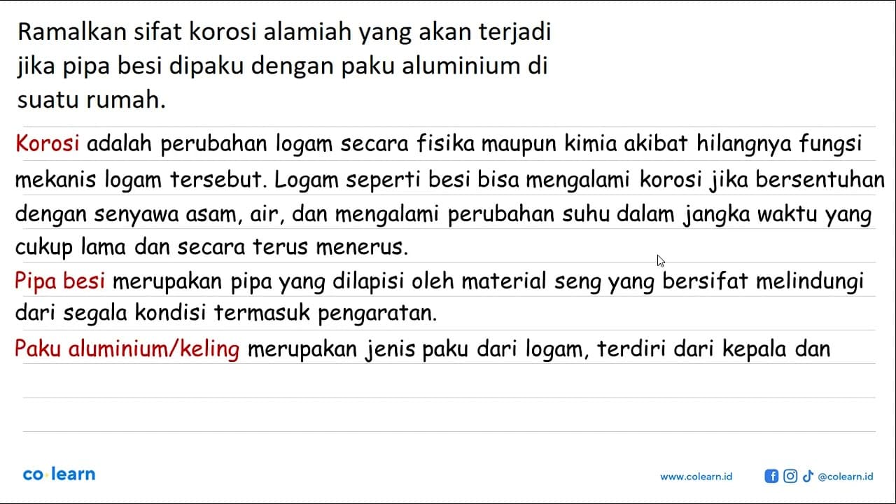 Ramalkan sifat korosi alamiah yang akan terjadi jika pipa