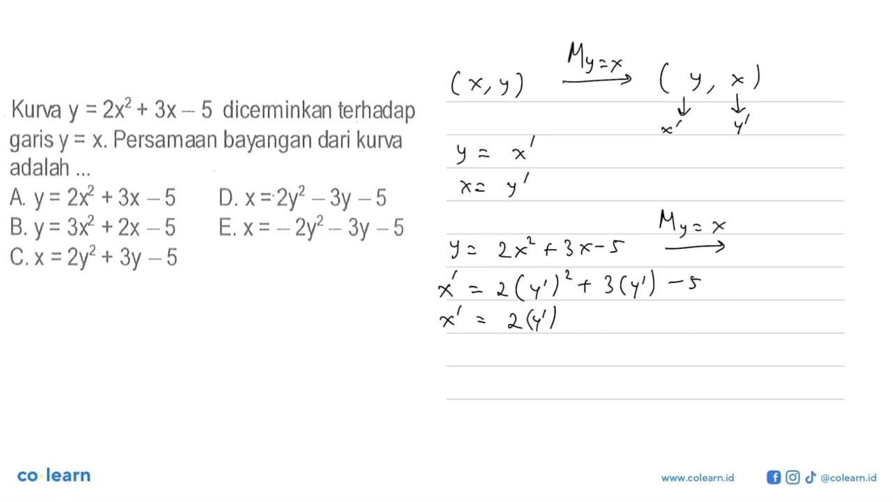 Kurva y=2x^2+3x-5 dicerminkan terhadap garis y=x. Persamaan