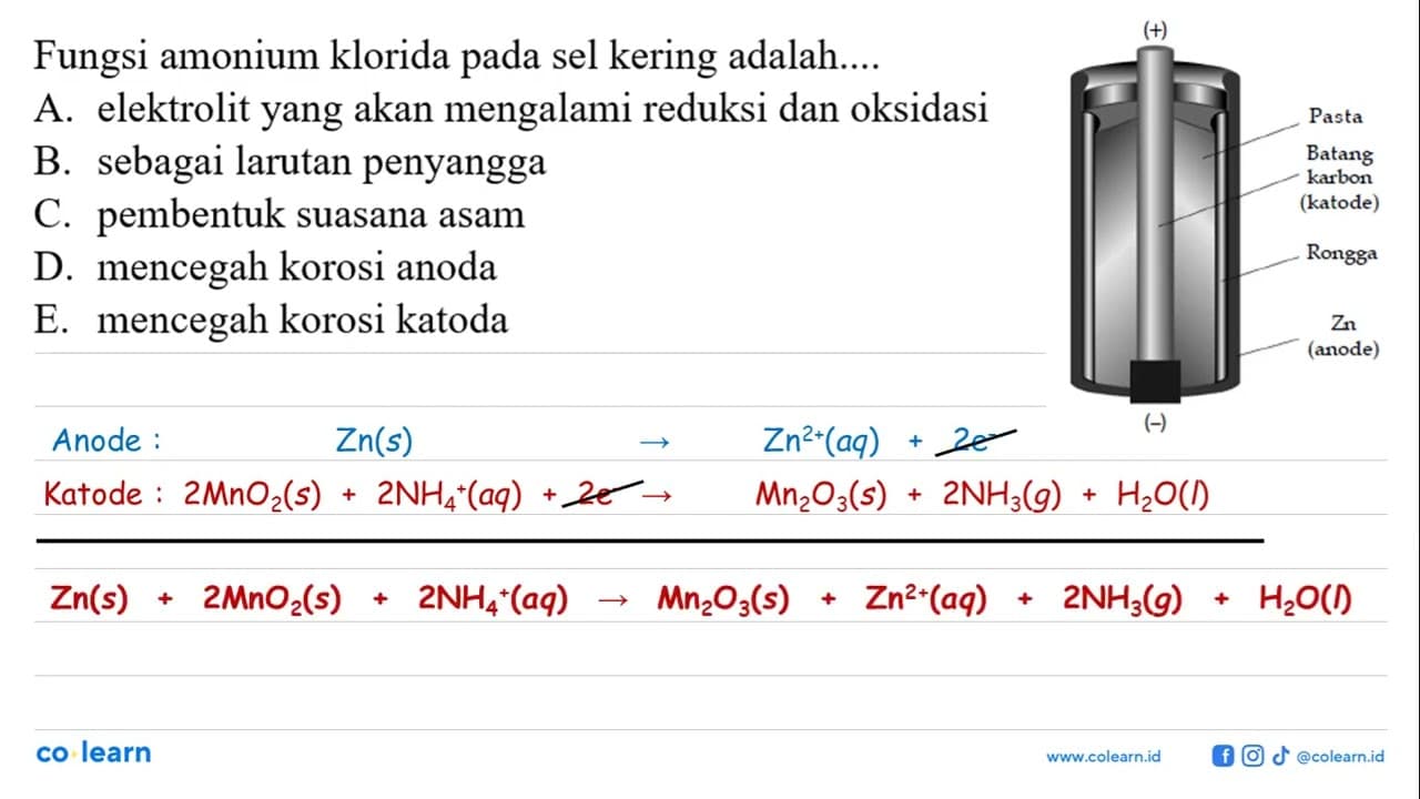 Fungsi amonium klorida pada sel kering adalah....