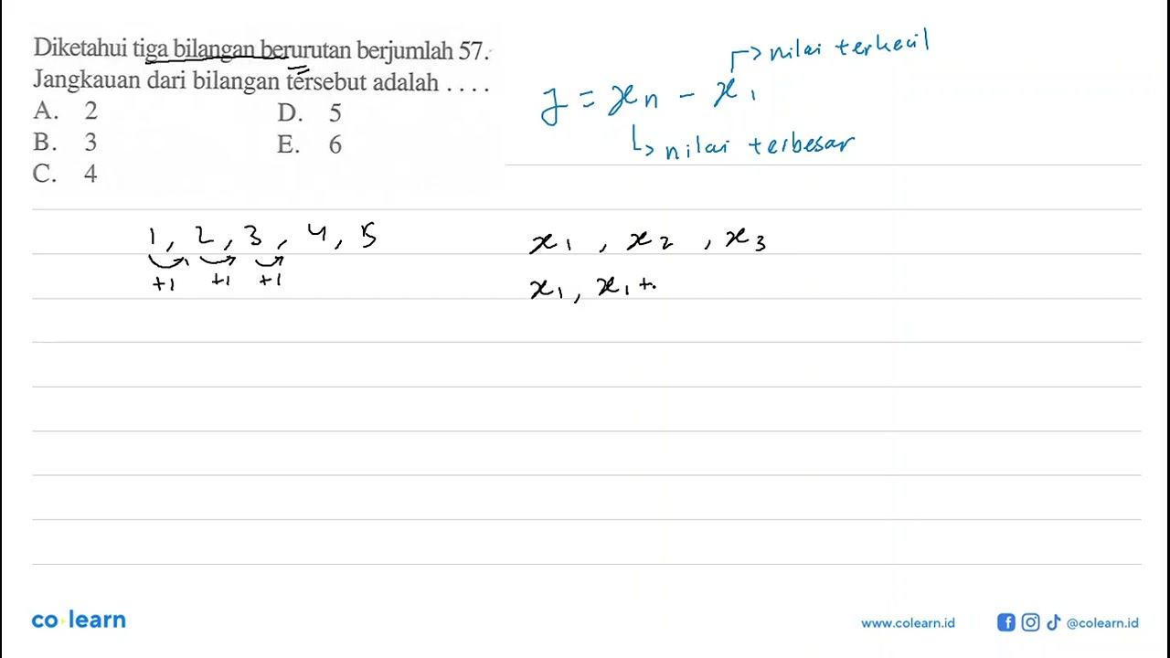 Diketahui tiga bilangan berurutan berjumlah 57. Jangkauan