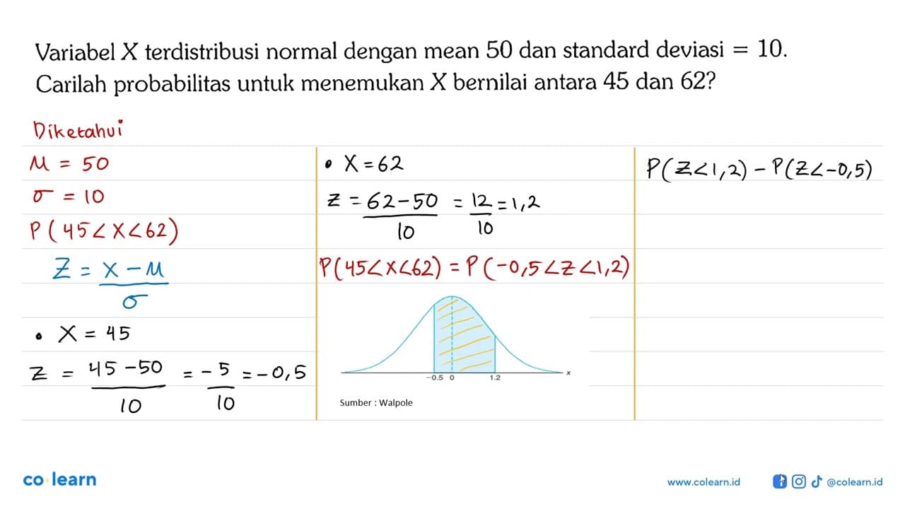 Variabel X terdistribusi normal dengan mean 50 dan standard