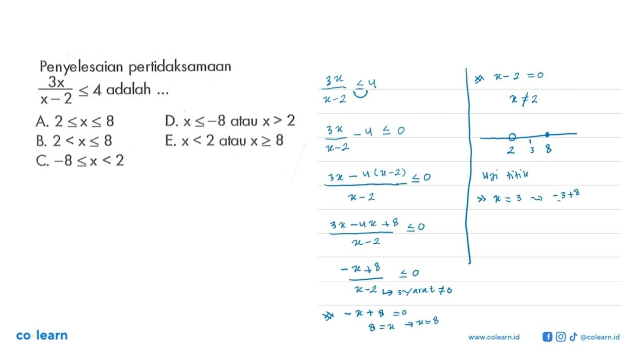 Penyelesaian pertidaksamaan 3x/(x-2)<=4 adalah ..