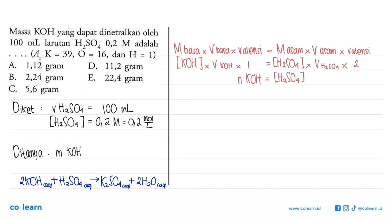 Massa KOH yang dapat dinetralkan oleh 100 mL larutan H2SO4